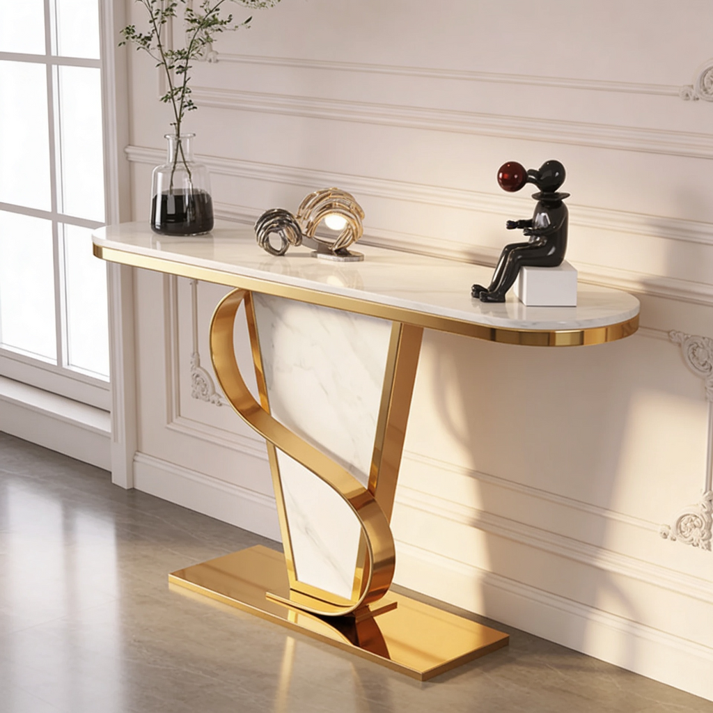 Premium Bold Marble Console Table with Artistic Twisting Gold Frame