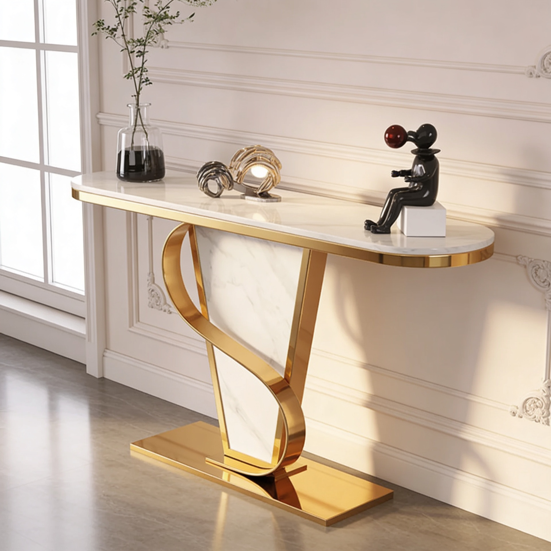 Premium Bold Marble Console Table with Artistic Twisting Gold Frame