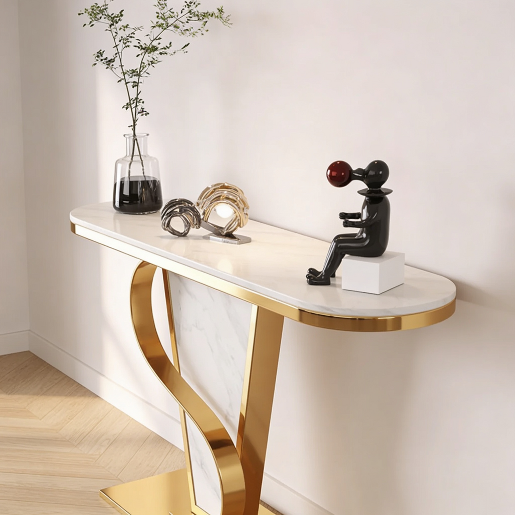 Premium Bold Marble Console Table with Artistic Twisting Gold Frame