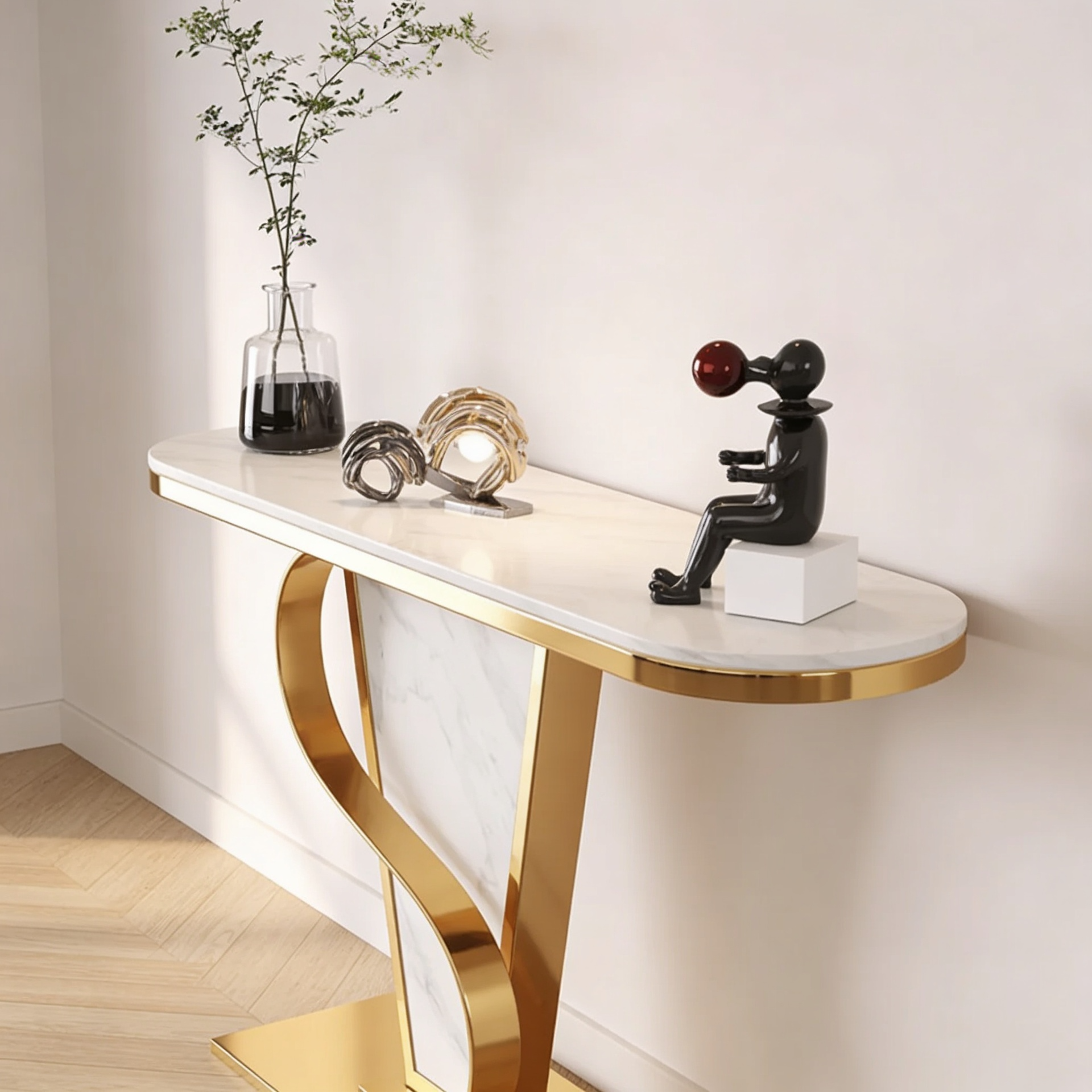 Premium Bold Marble Console Table with Artistic Twisting Gold Frame