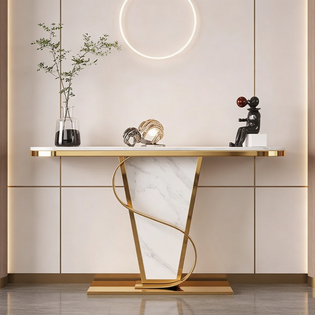 Premium Bold Marble Console Table with Artistic Twisting Gold Frame