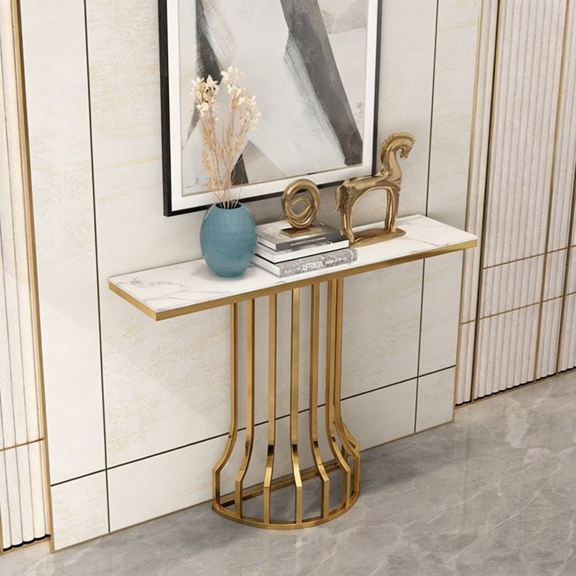 Sleek Black Marble Console Table with Gold Vertical Bar Base