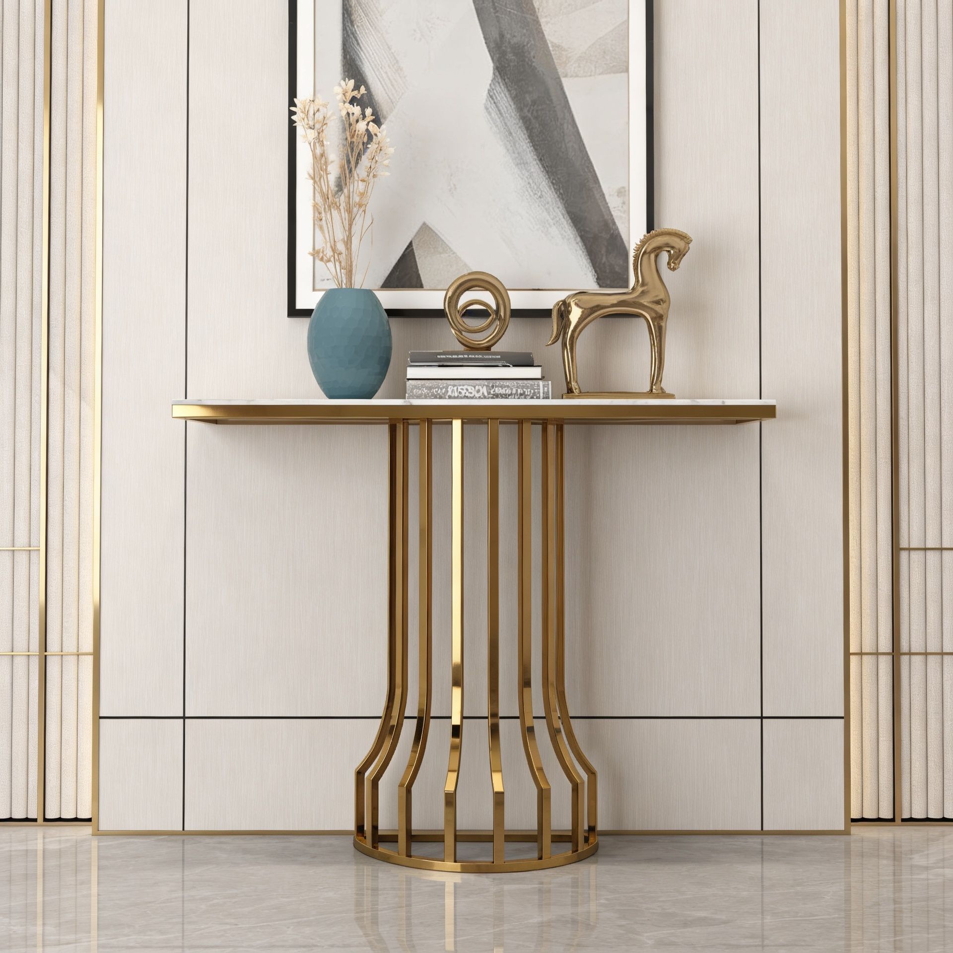 Sleek Black Marble Console Table with Gold Vertical Bar Base