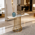 Sleek Black Marble Console Table with Gold Vertical Bar Base