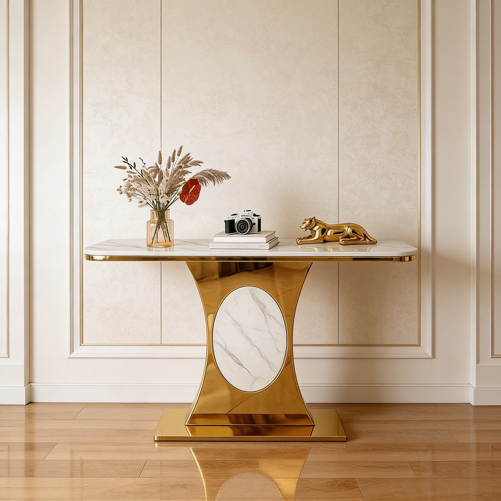 Modern Marble Console Table with Gold Base and Circular Marble Accent