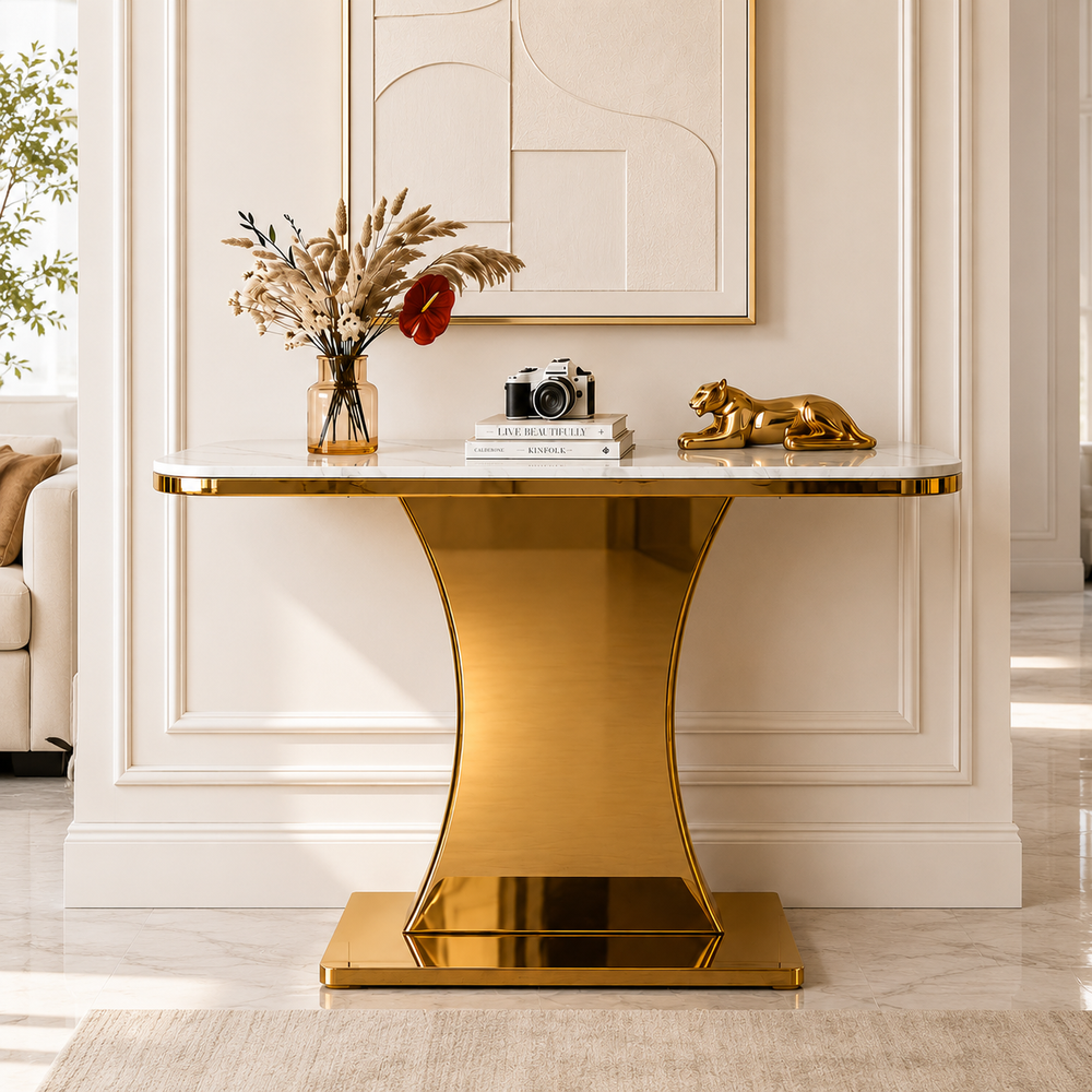 Contemporary Gold Stainless Steel PVD Console Table with Rounded White Marble Top and Solid Designer Base