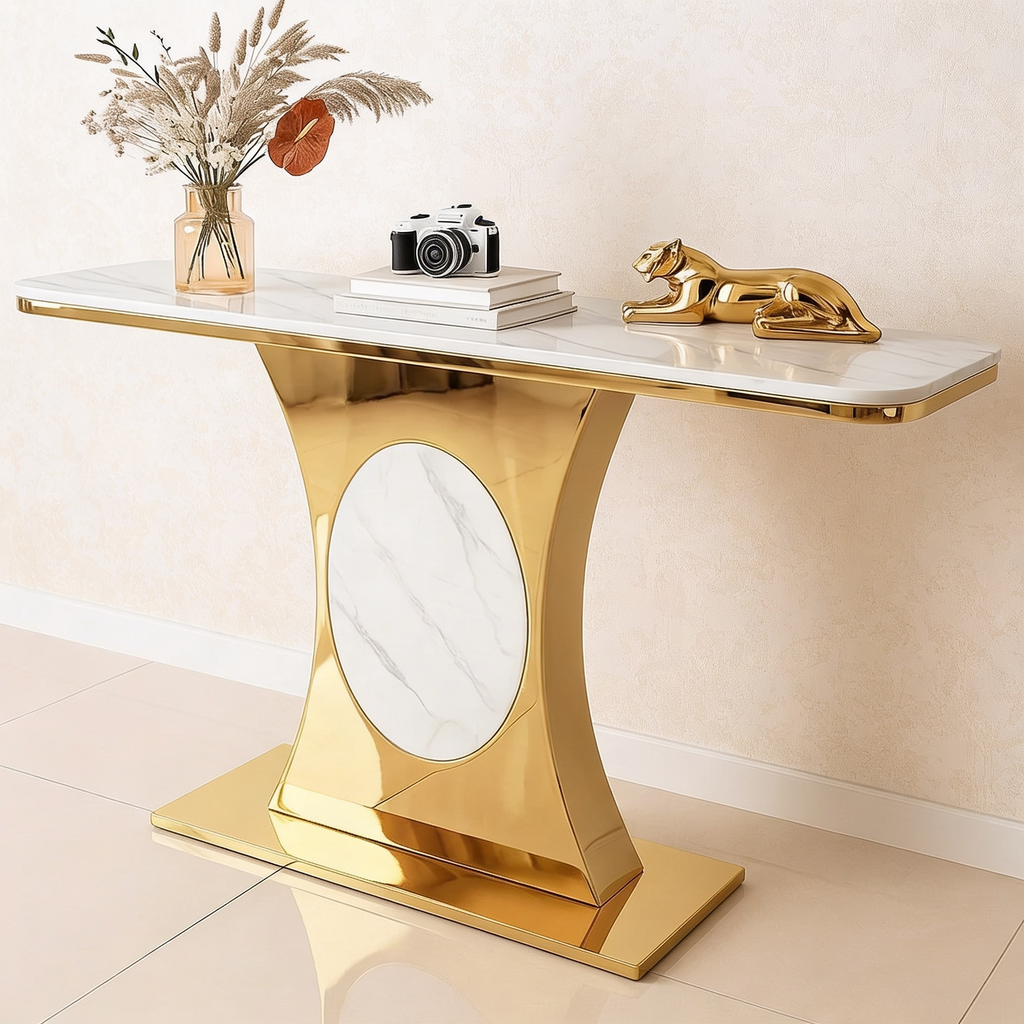 Modern Marble Console Table with Gold Base and Circular Marble Accent