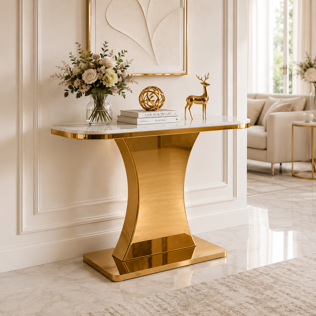 Modern Marble Console Table with Gold Base and Circular Marble Accent