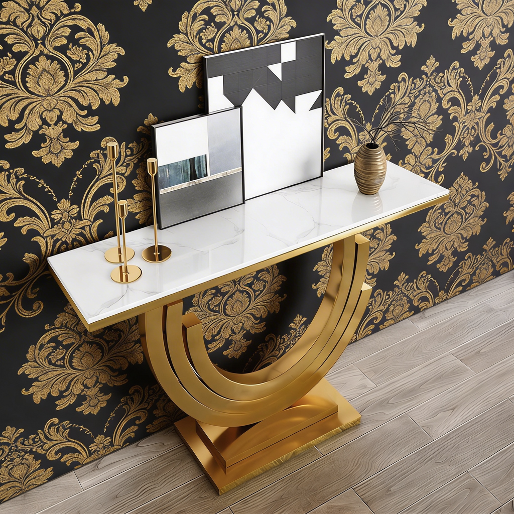 Modern Marble Console Table with Triple Arc Gold Base