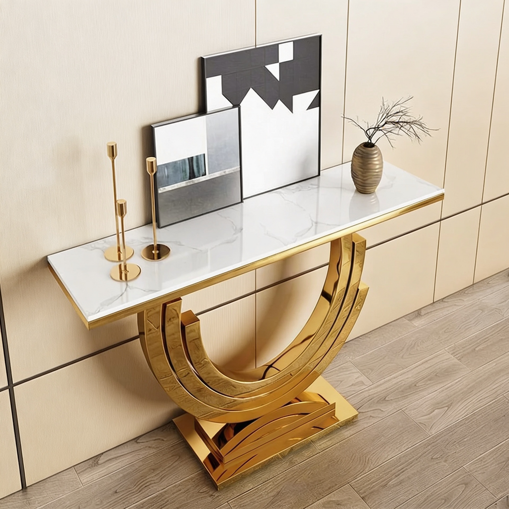 Modern Marble Console Table with Triple Arc Gold Base