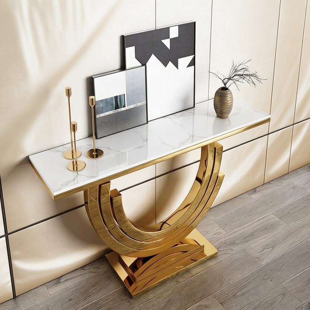 Modern Marble Console Table with Triple Arc Gold Base
