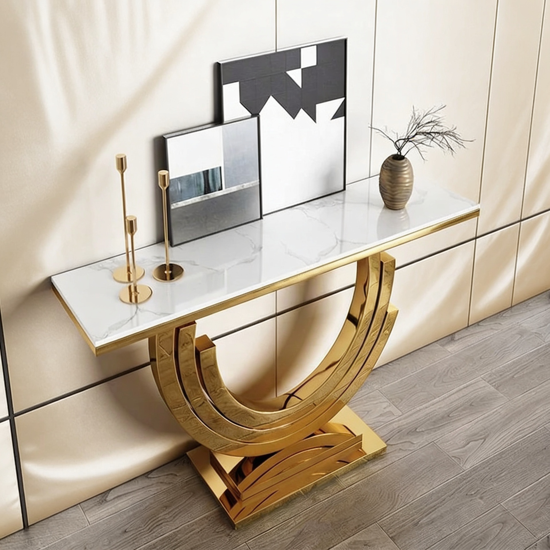 Modern Marble Console Table with Triple Arc Gold Base