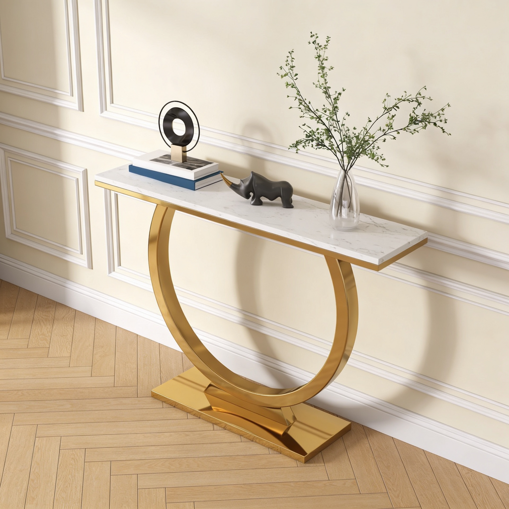 Contemporary Marble Console Table with Artistic Gold Circle Support