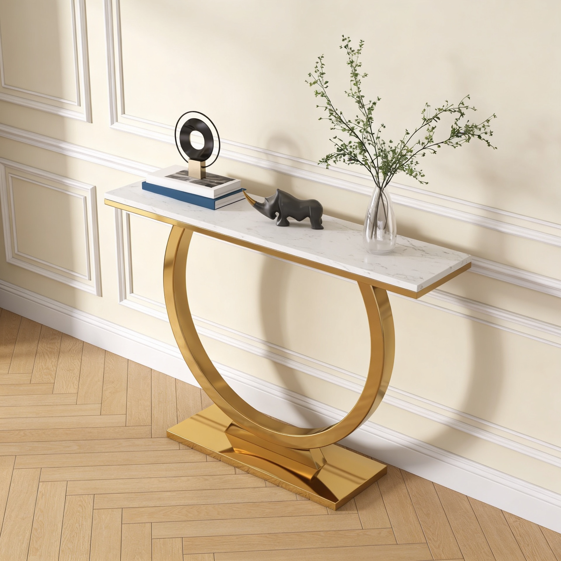 Contemporary Marble Console Table with Artistic Gold Circle Support