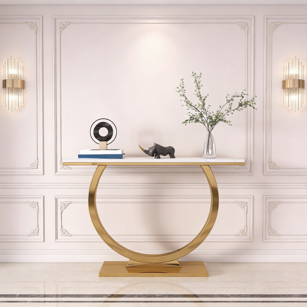 Contemporary Marble Console Table with Artistic Gold Circle Support