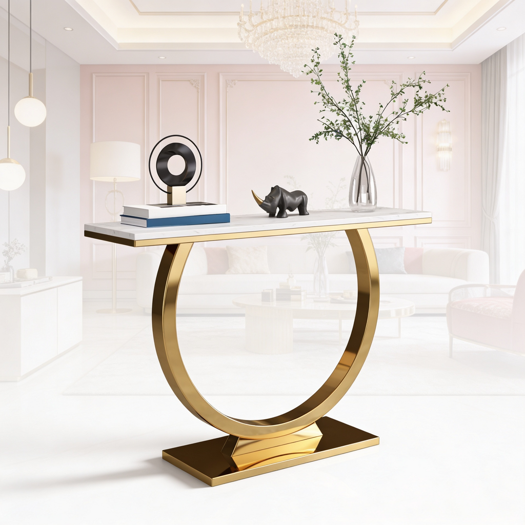 Contemporary Marble Console Table with Artistic Gold Circle Support