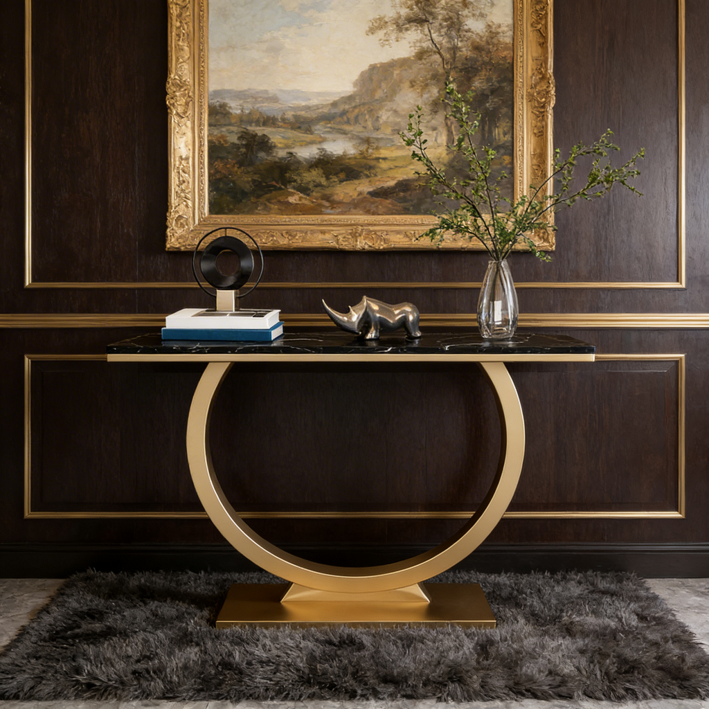 Contemporary Black Marble Console Table with Artistic Gold Circle Support