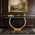 Contemporary Black Marble Console Table with Artistic Gold Circle Support