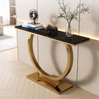 Contemporary Black Marble Console Table with Artistic Gold Circle Support