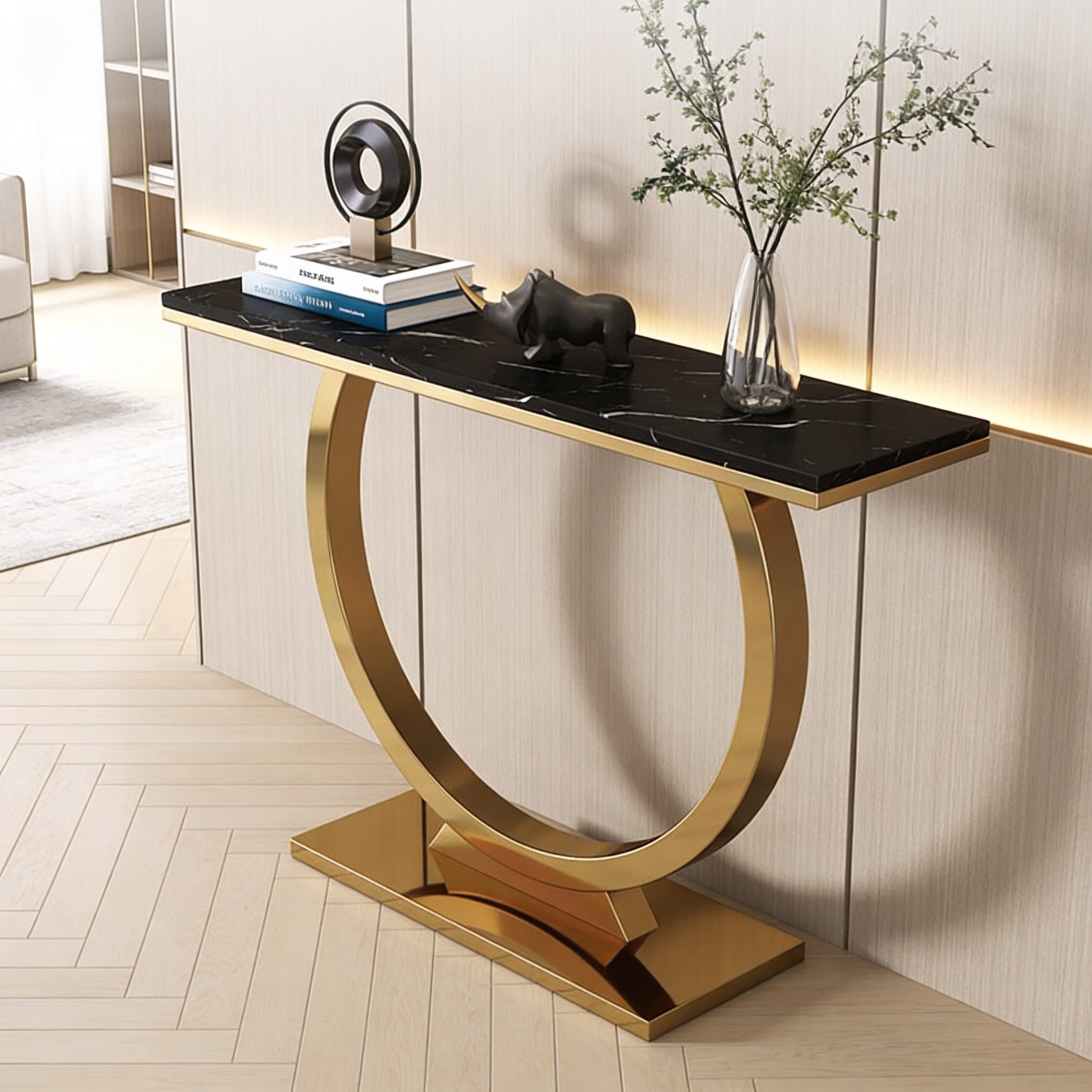 Contemporary Black Marble Console Table with Artistic Gold Circle Support