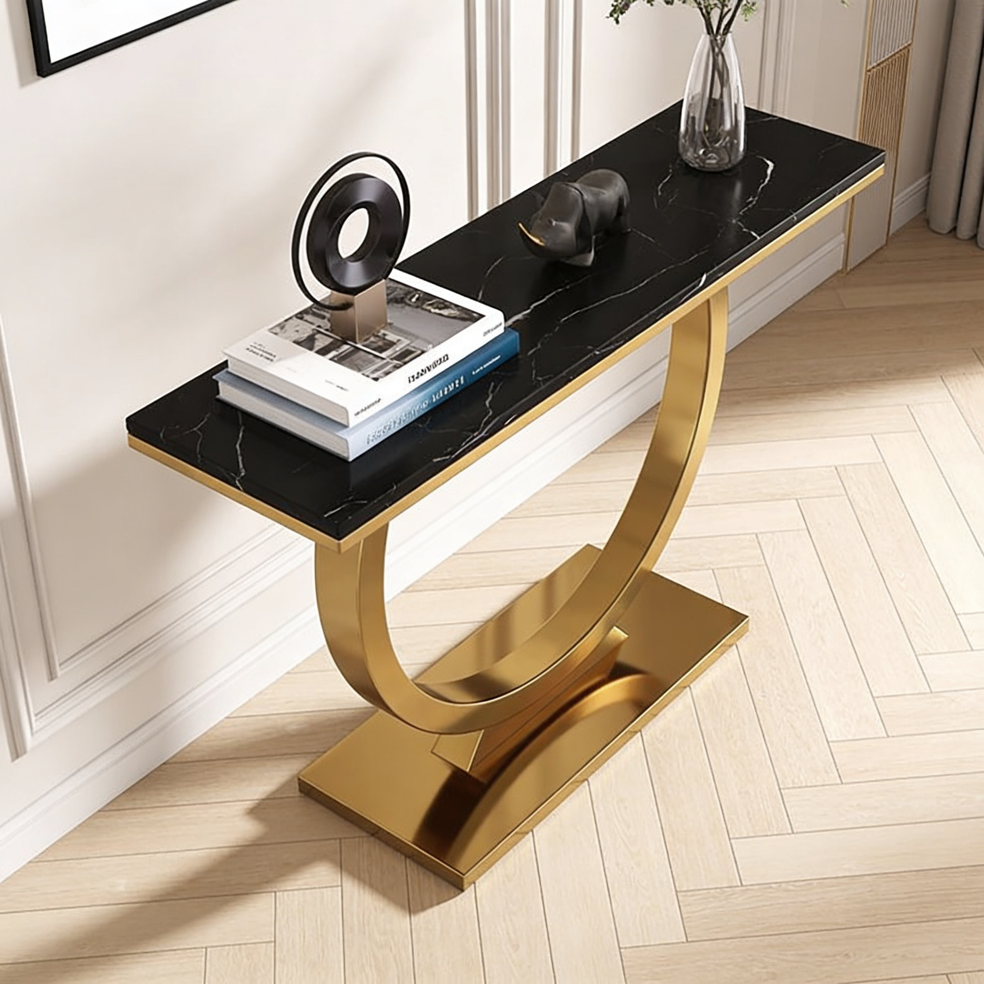 Contemporary Black Marble Console Table with Artistic Gold Circle Support