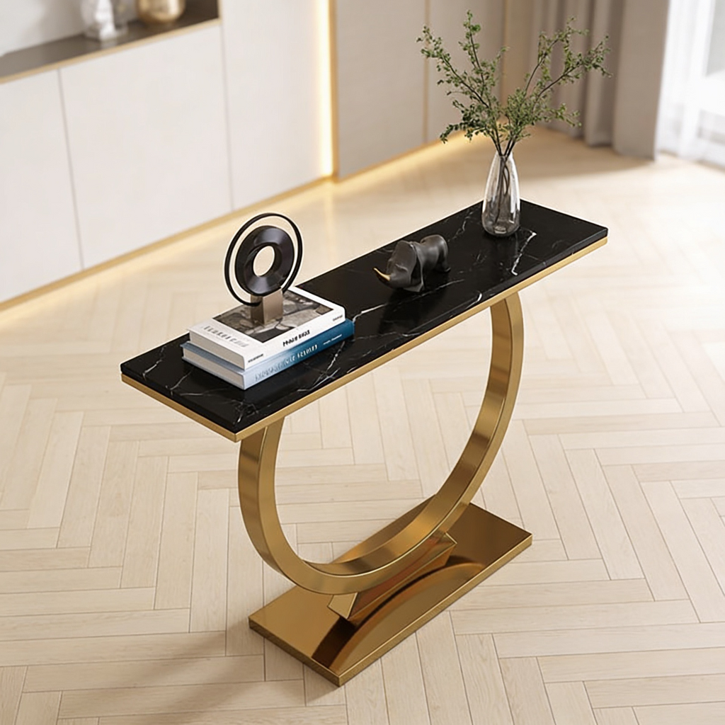 Contemporary Black Marble Console Table with Artistic Gold Circle Support