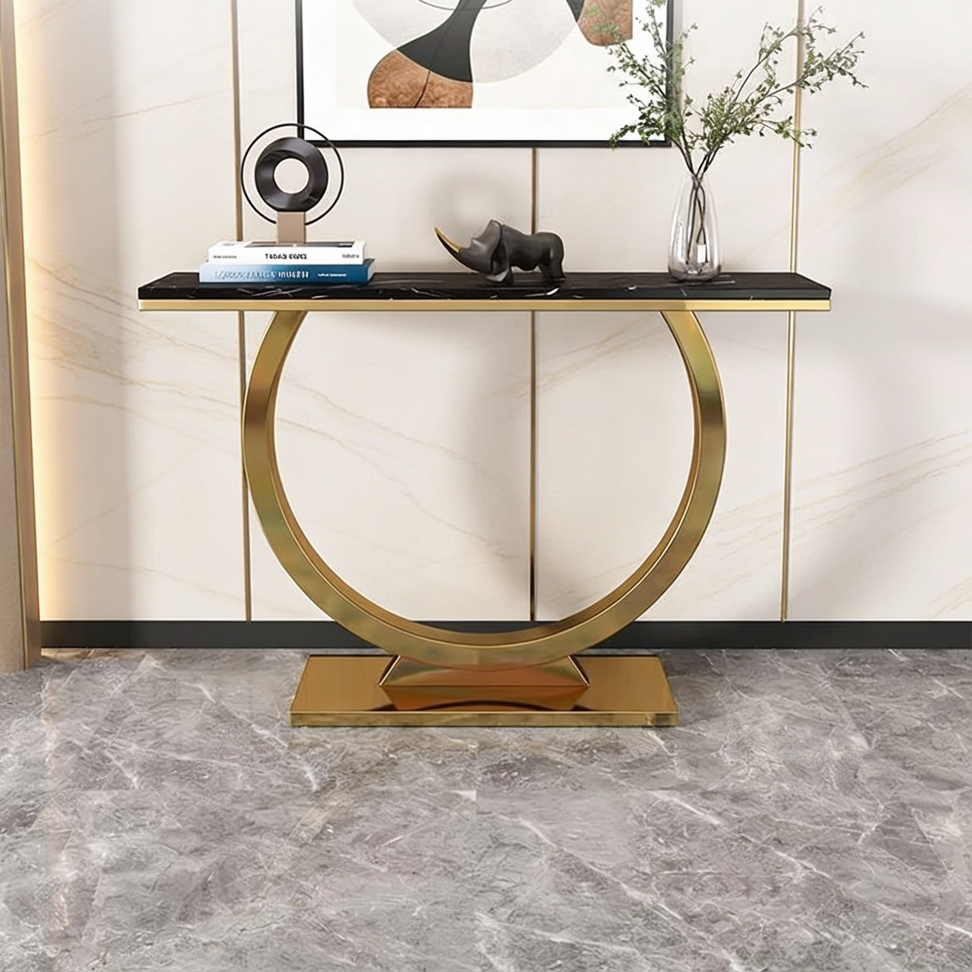 Contemporary Black Marble Console Table with Artistic Gold Circle Support