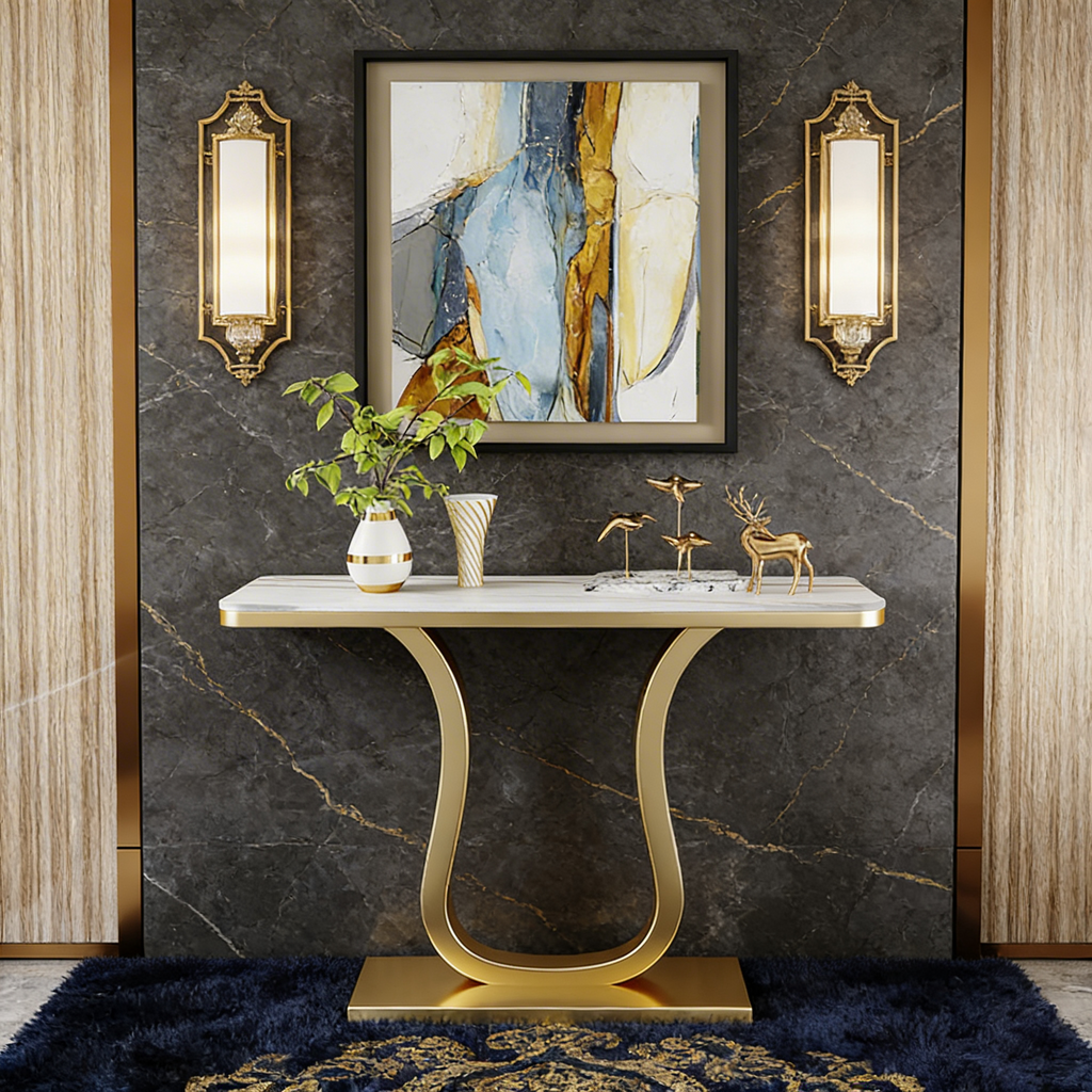 Luxury Console Table with Artistic Gold U-Shaped Metal Base