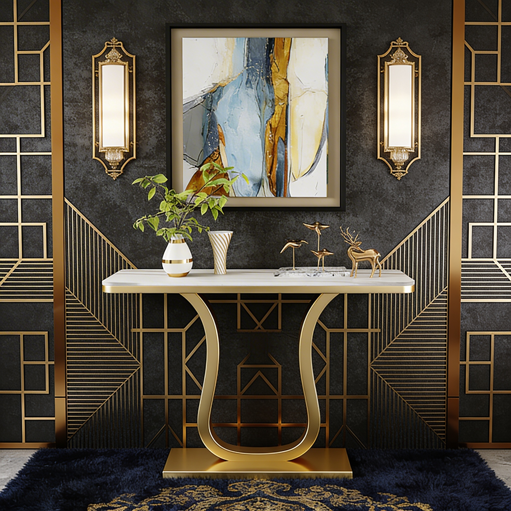 Luxury Console Table with Artistic Gold U-Shaped Metal Base