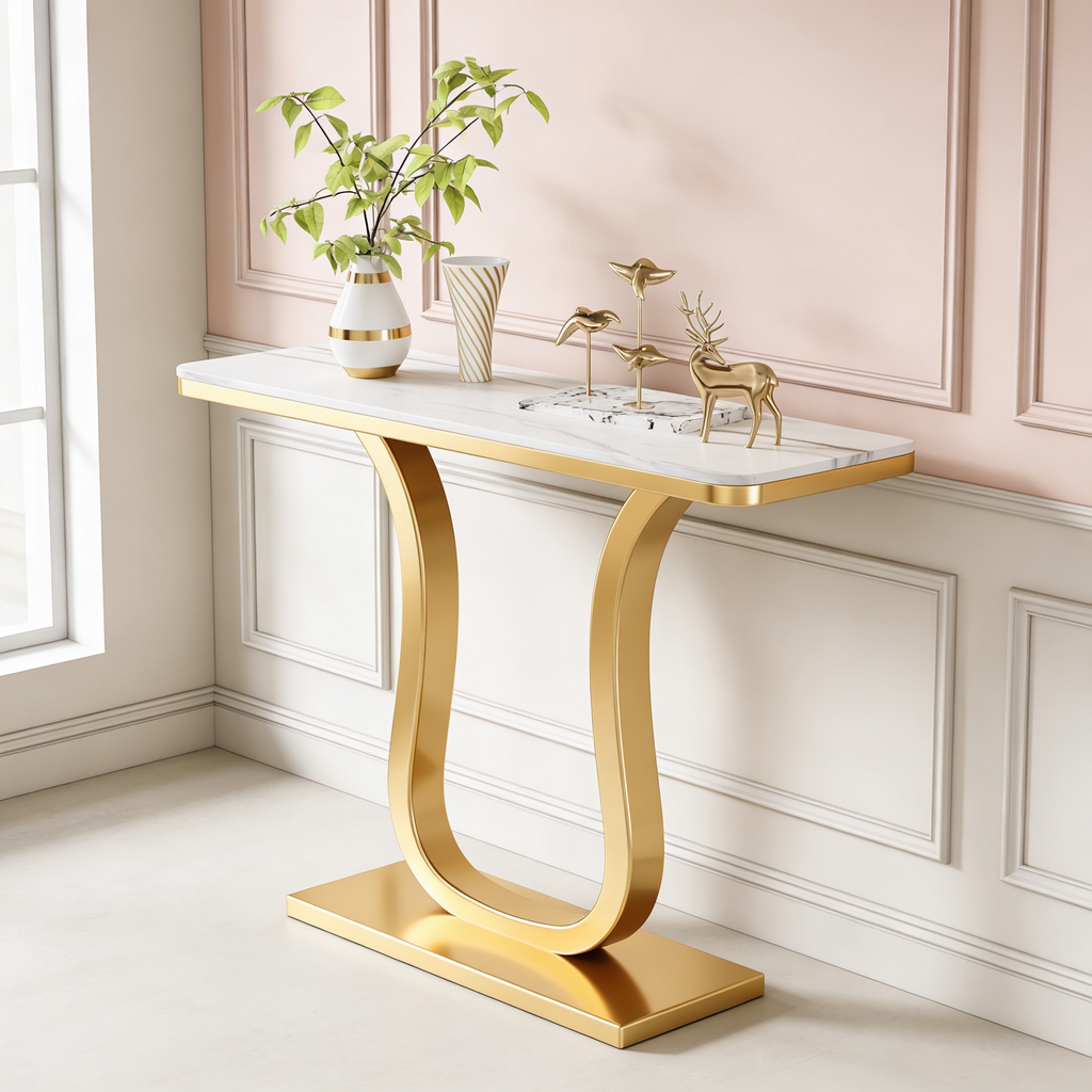 Luxury Console Table with Artistic Gold U-Shaped Metal Base