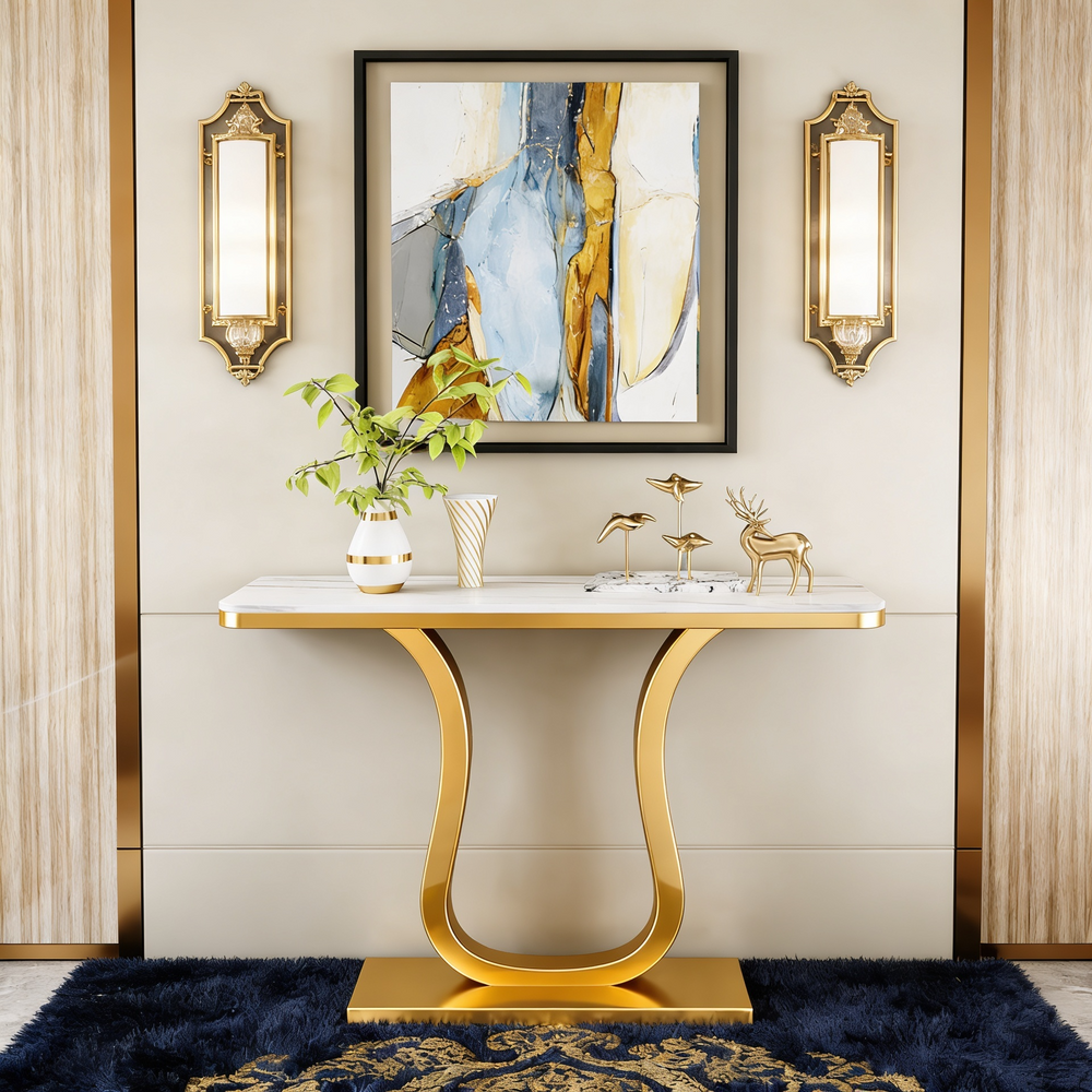 Stainless Steel PVD Console Table with Golden Curved Frame and White Marble Surface for Hallway