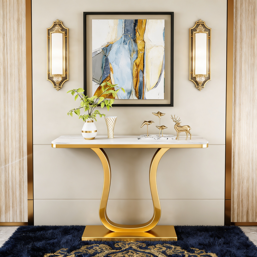 Luxury Console Table with Artistic Gold U-Shaped Metal Base