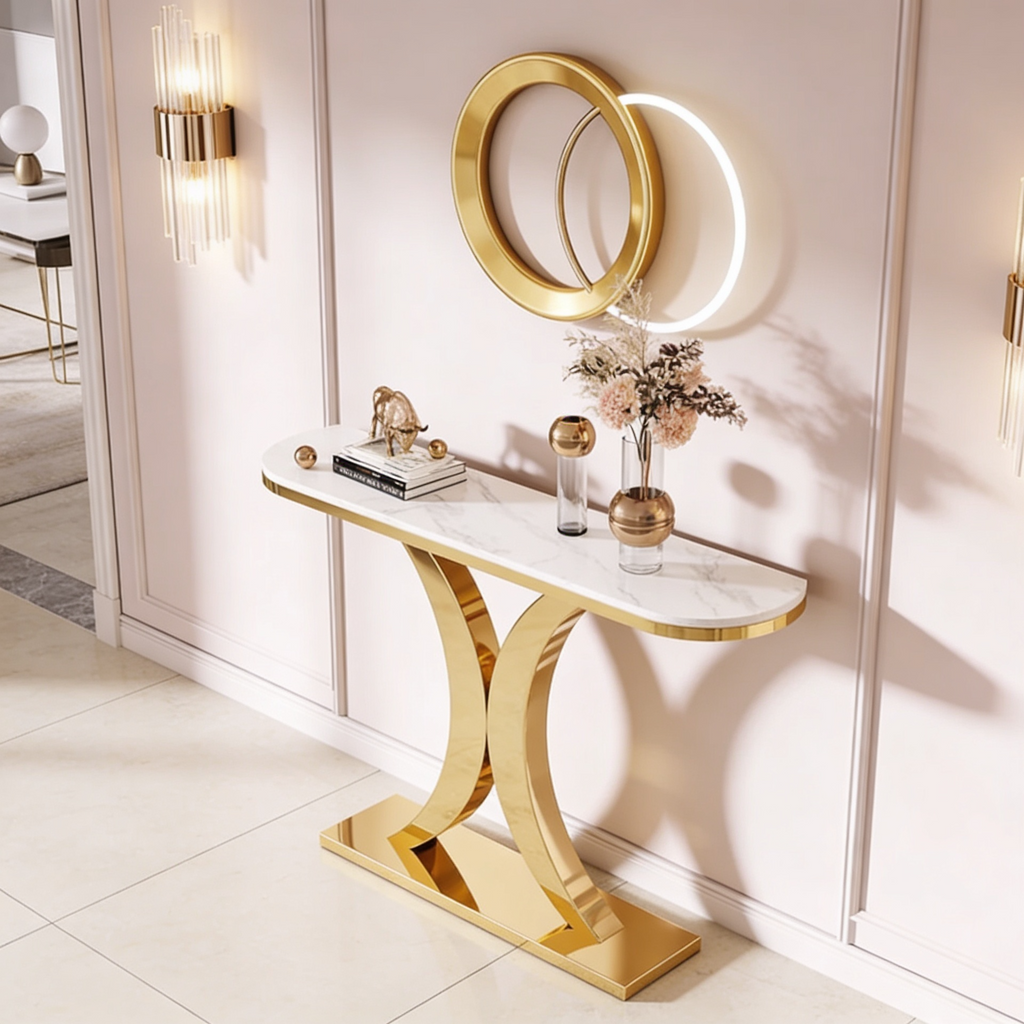 Elegant Marble Console Table with Curved Gold Metal Base