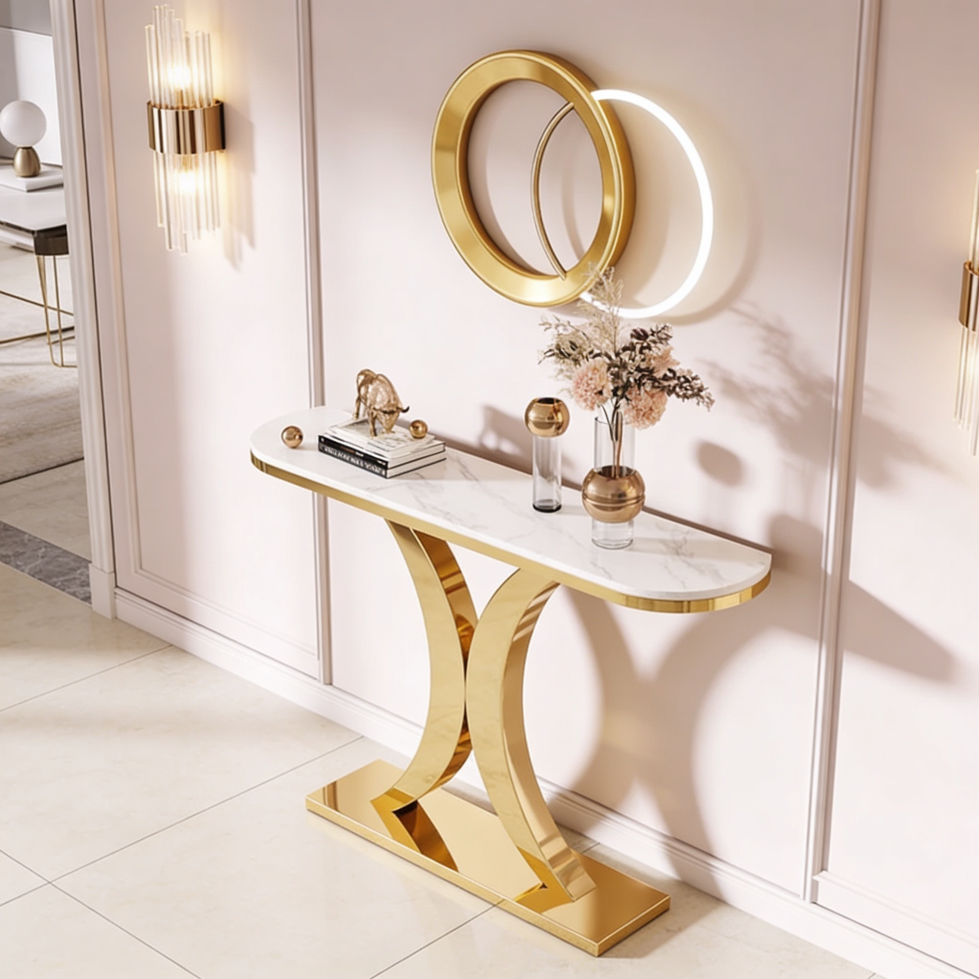 Elegant Marble Console Table with Curved Gold Metal Base