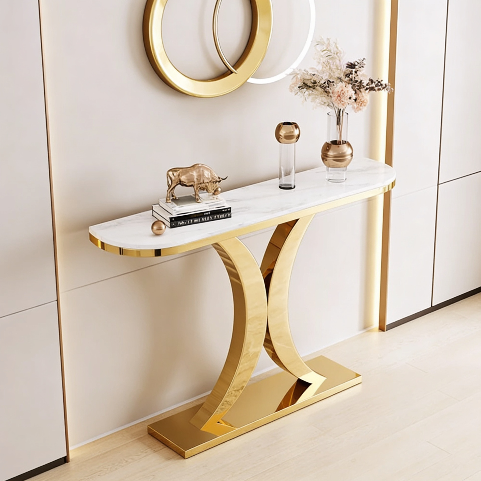 Elegant Marble Console Table with Curved Gold Metal Base