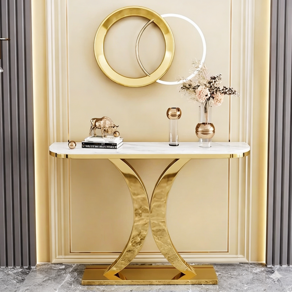 Luxury Gold Stainless Steel PVD Console Table with Elegant Hourglass Frame and White Marble Top