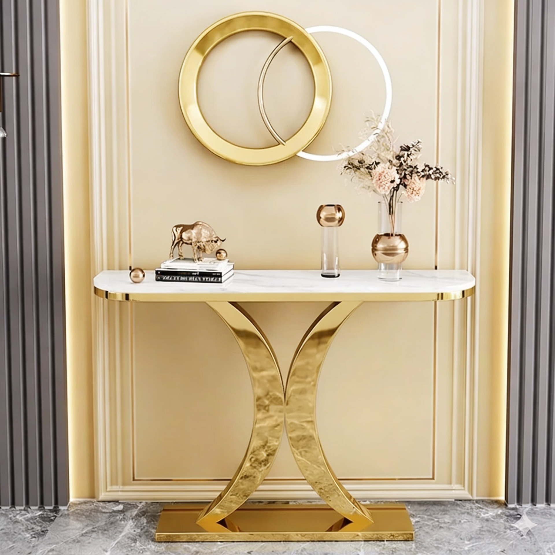 Elegant Marble Console Table with Curved Gold Metal Base