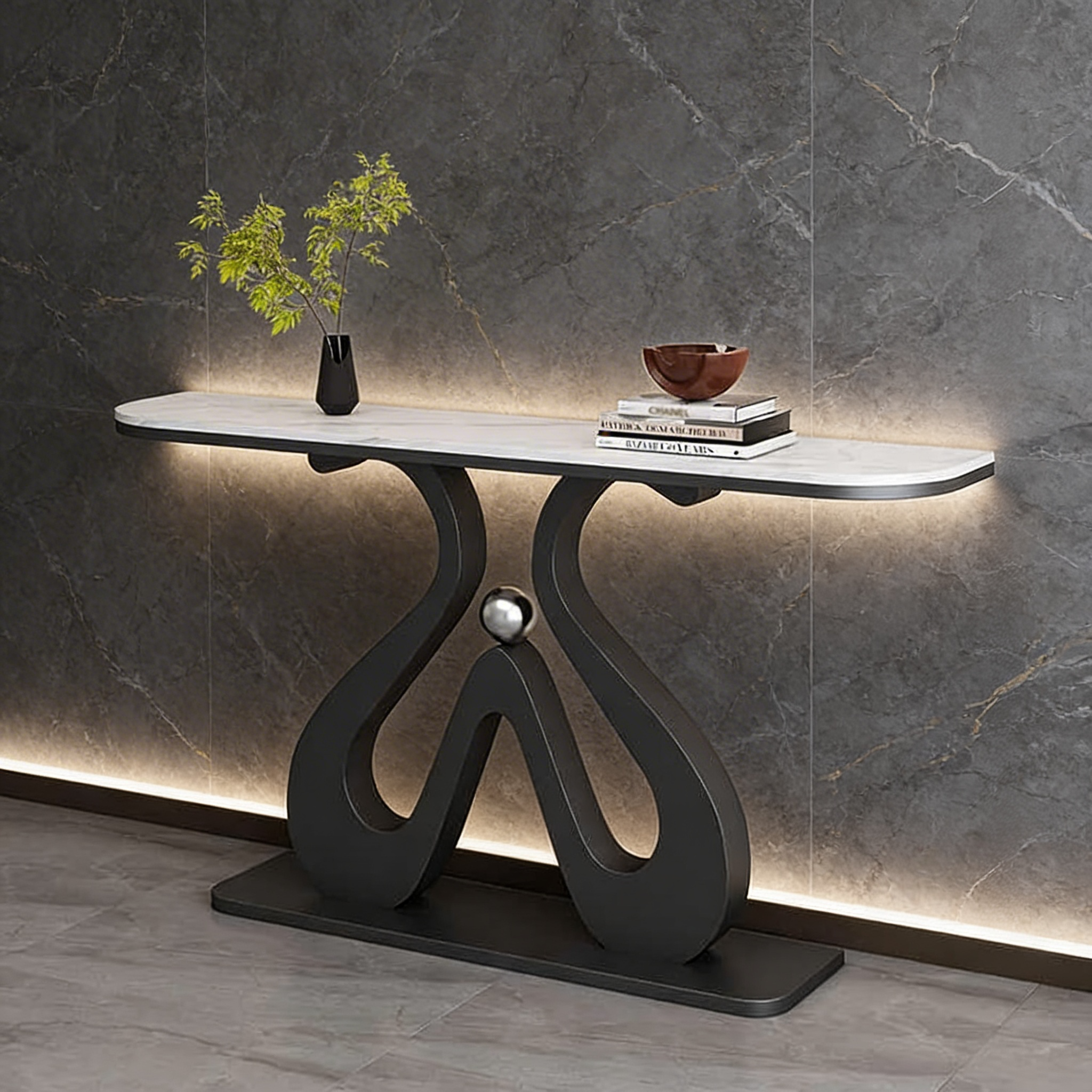 Artistic Marble Console Table with Black Sculptural Base and Silver Ball