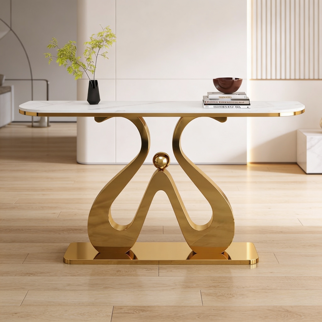 Artistic Marble Console Table with Golden Sculptural Base and Silver Ball