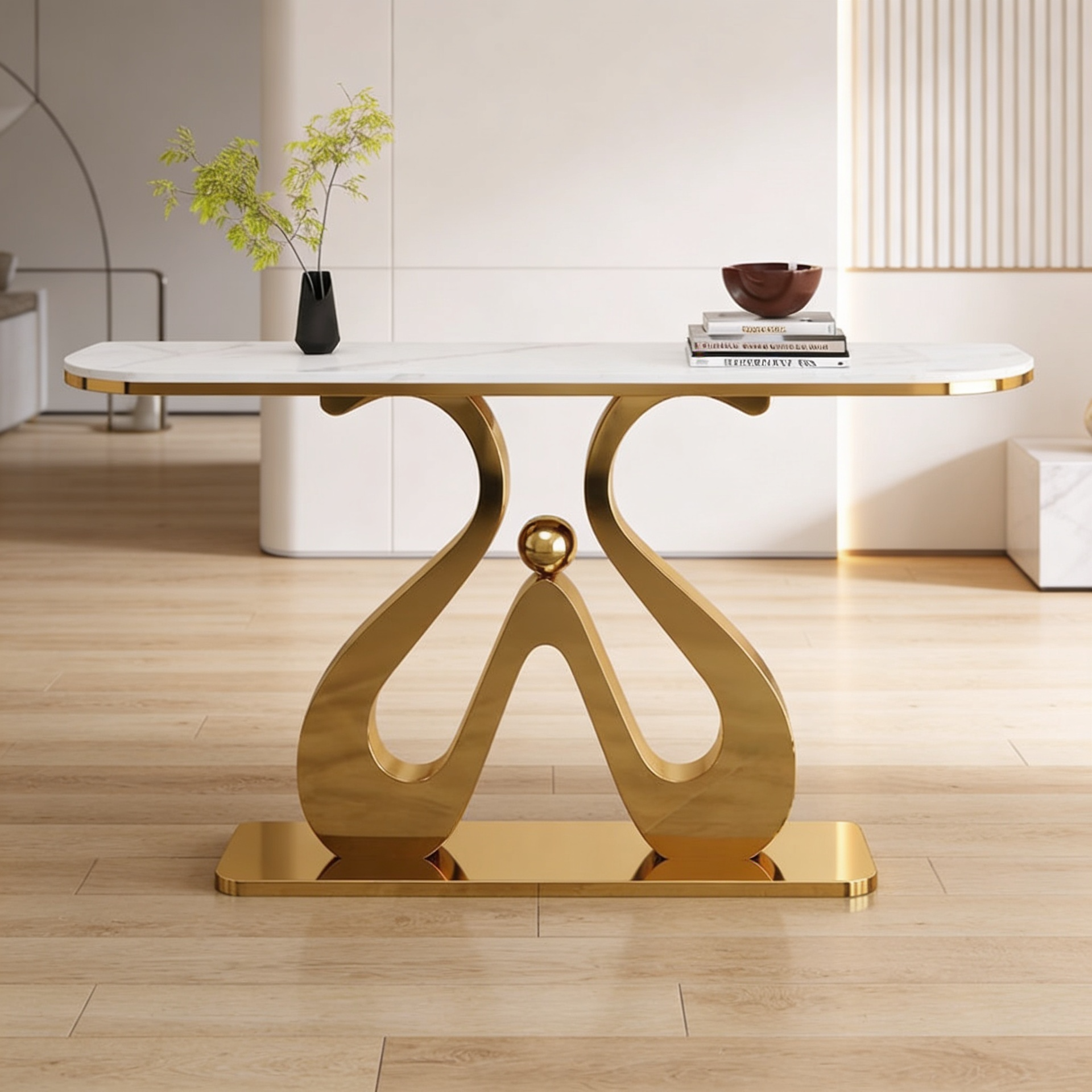 Artistic Marble Console Table with Golden Sculptural Base and Silver Ball