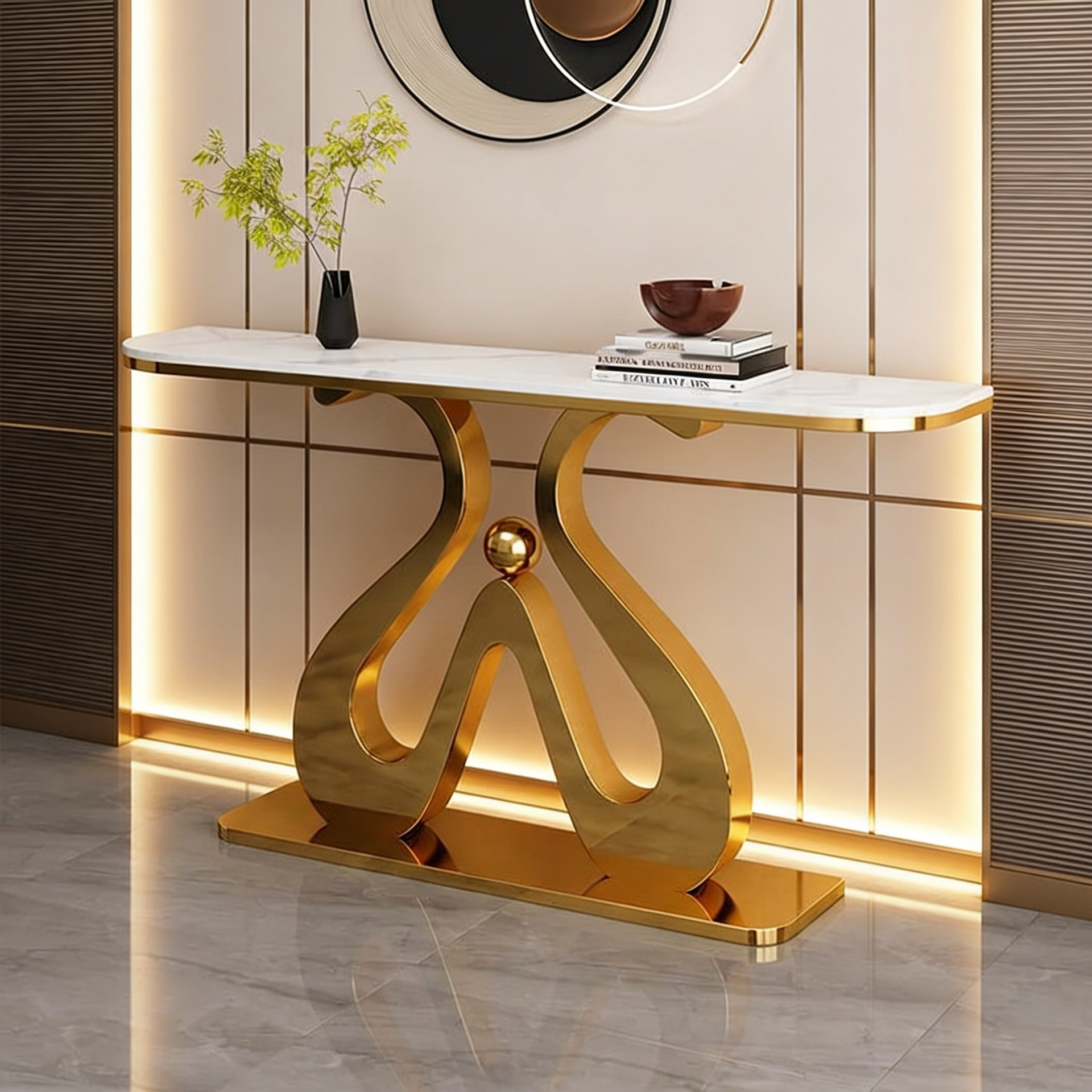 Artistic Marble Console Table with Golden Sculptural Base and Silver Ball
