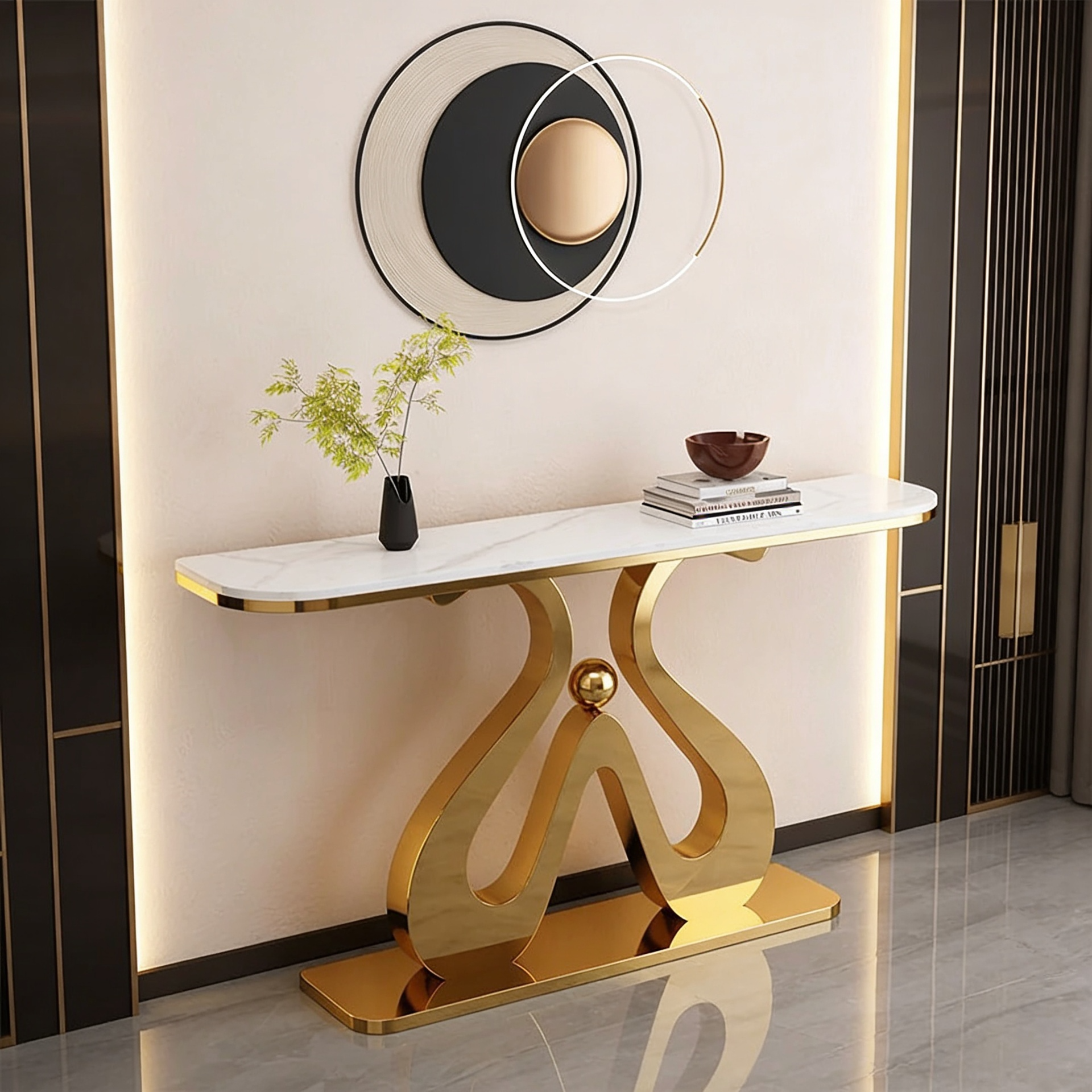 Artistic Marble Console Table with Golden Sculptural Base and Silver Ball