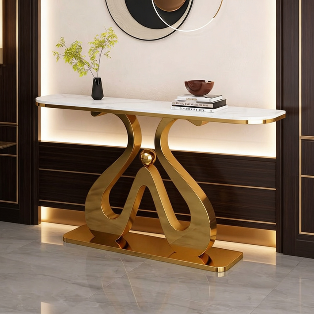 Artistic Marble Console Table with Golden Sculptural Base and Silver Ball
