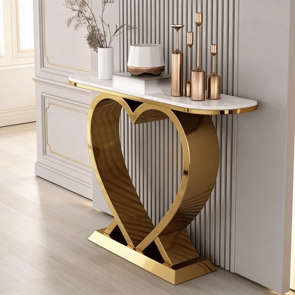 Artistic Marble Console Featuring Unique Gold Heart Frame