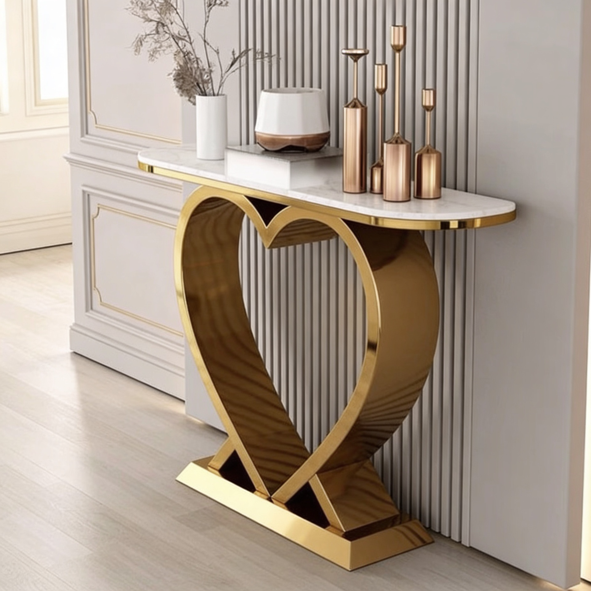 Artistic Marble Console Featuring Unique Gold Heart Frame