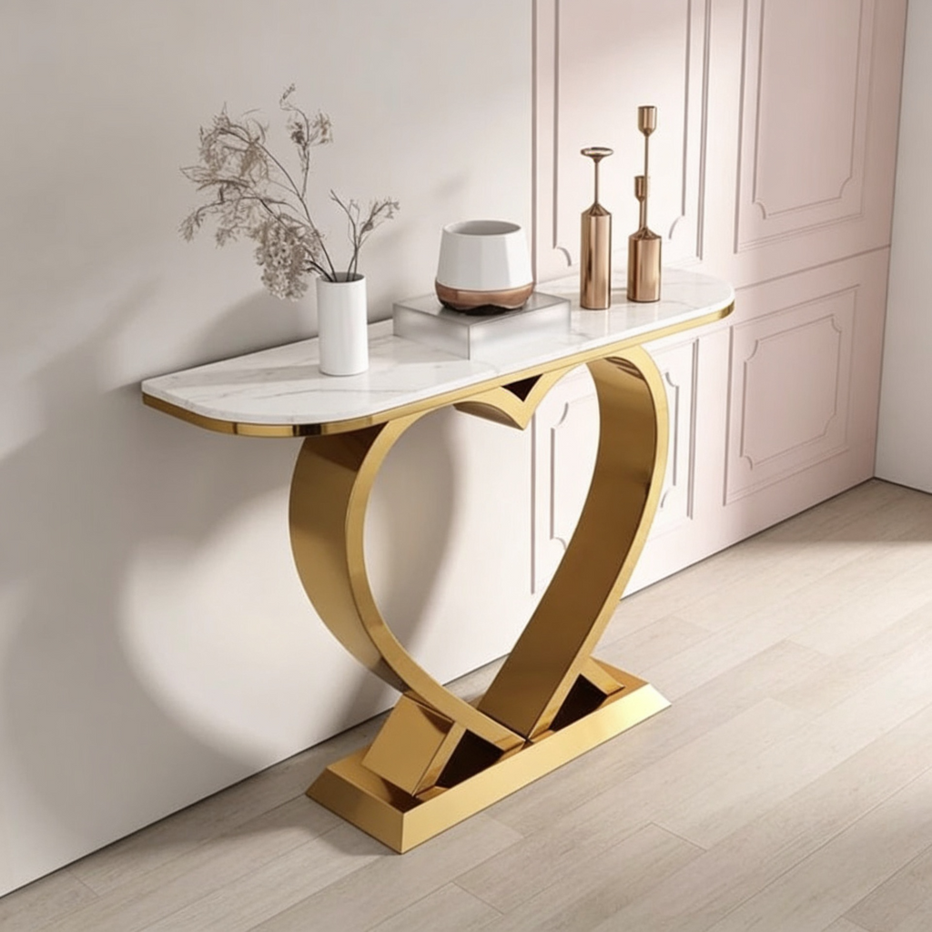 Artistic Marble Console Featuring Unique Gold Heart Frame