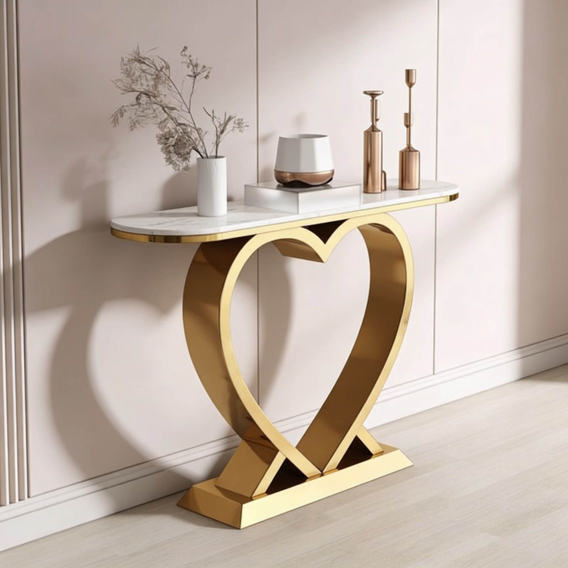 Artistic Marble Console Featuring Unique Gold Heart Frame