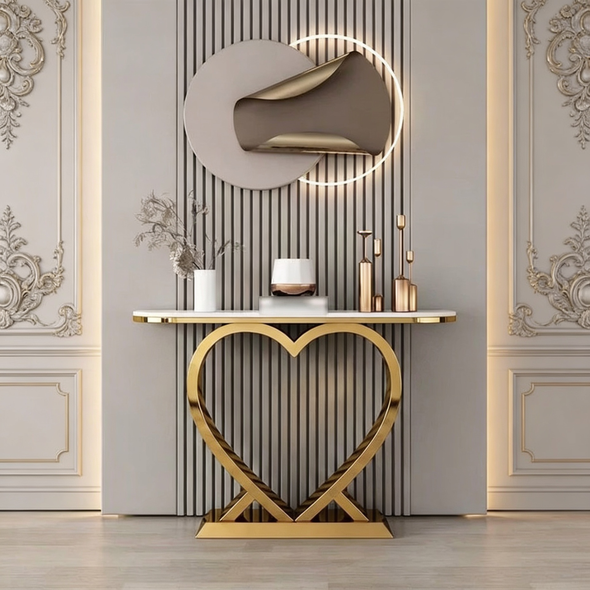 Artistic Marble Console Featuring Unique Gold Heart Frame