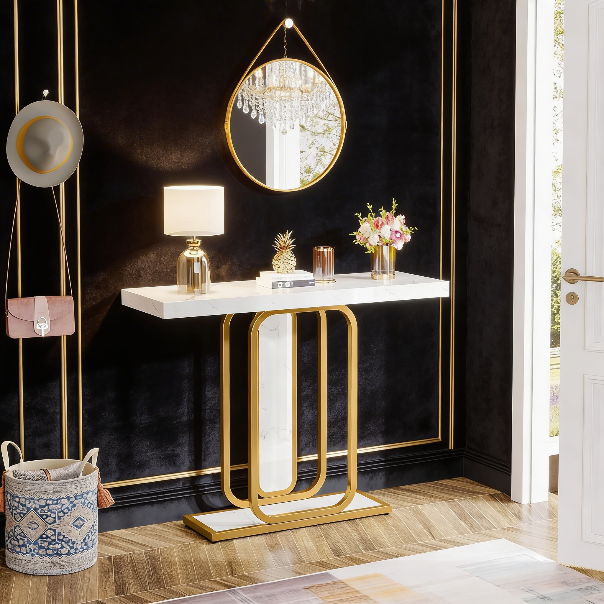 Sleek Marble Console Featuring White Marble and Gold Rectangle Frame
