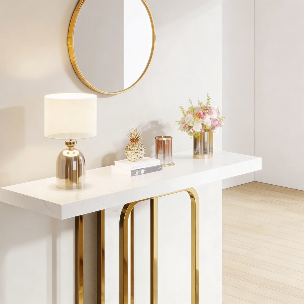 Sleek Marble Console Featuring White Marble and Gold Rectangle Frame